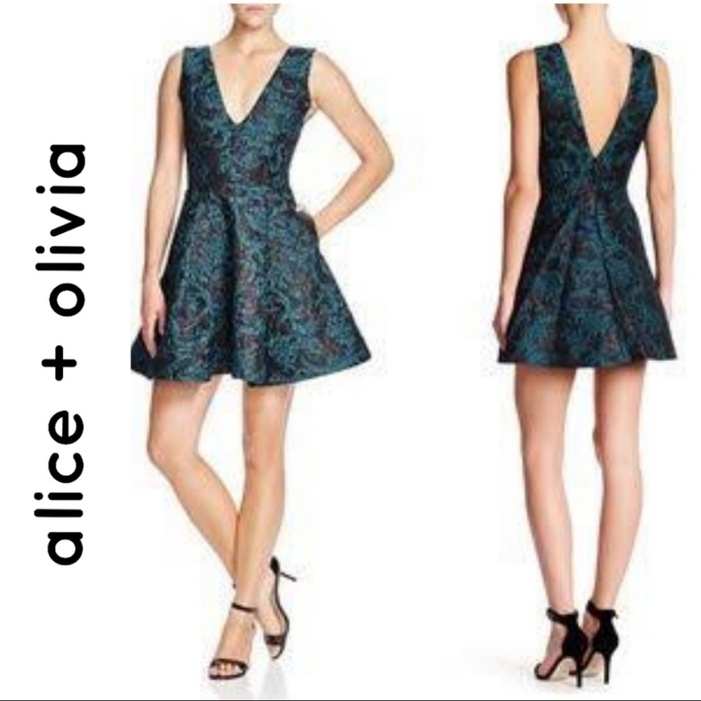 Alice + Olivia Malory Sleeveless V'd A-Line Dress, Black/Teal